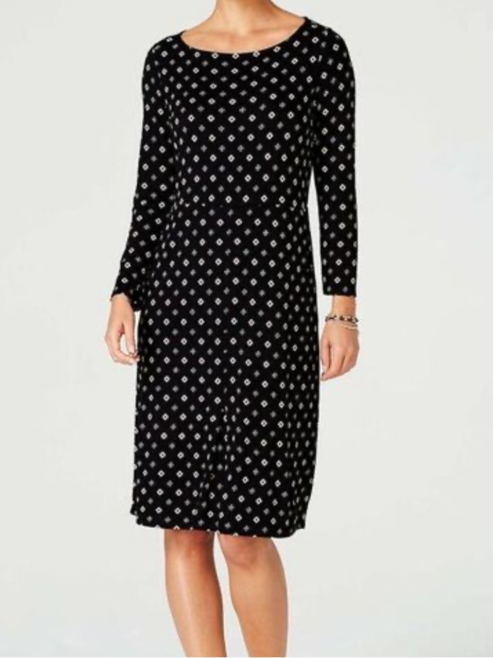 J. Jill Black Geometric Printed Knit Midi Dress with White Geometric Pattern